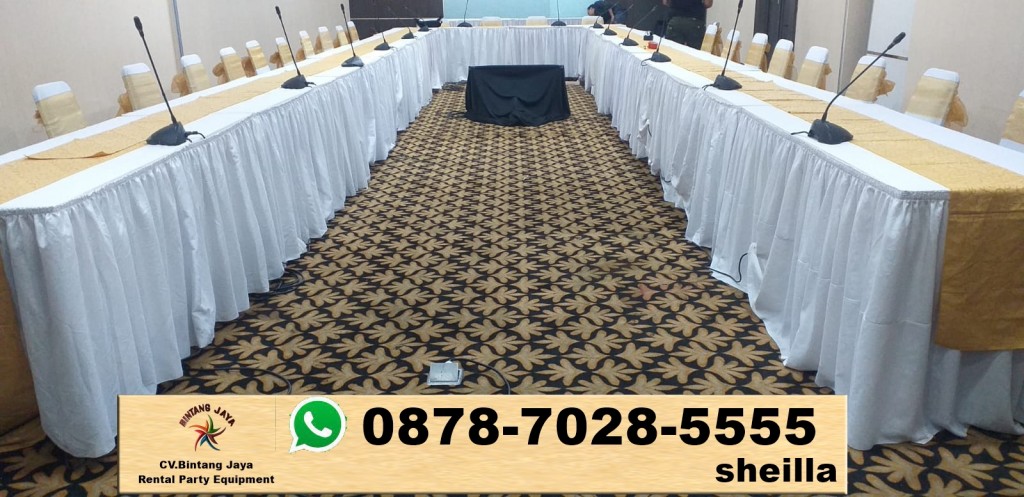 Sewa meja kotak cover putih event rapat Bekasi