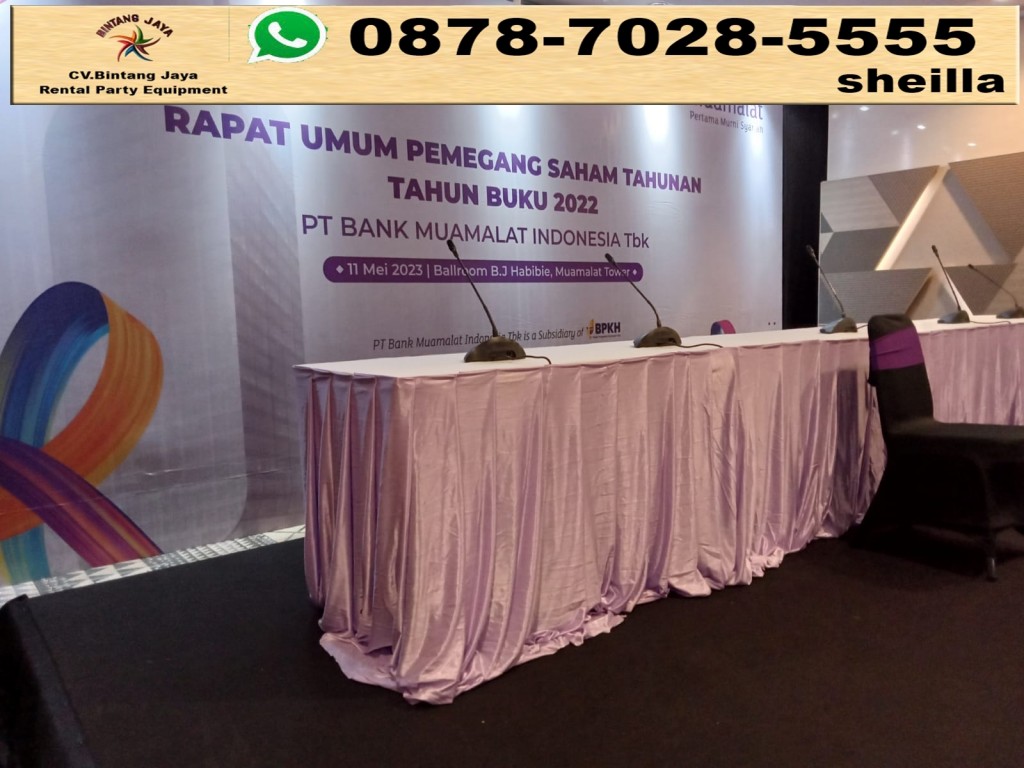 Sewa meja kotak cover putih event rapat Bekasi
