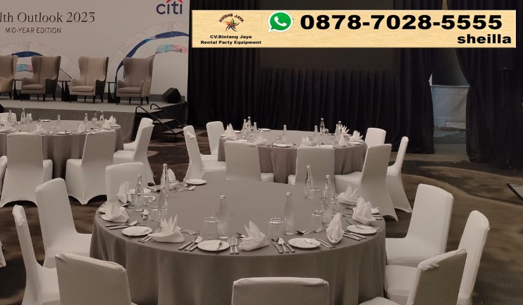 Pusat sewa meja bundar dan kursi futura cover putih Jakarta Barat