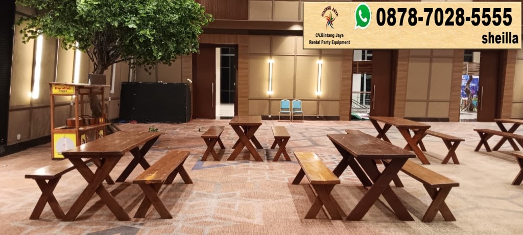Rental meja minimalis meja taman kayu exstra Tanggerang
