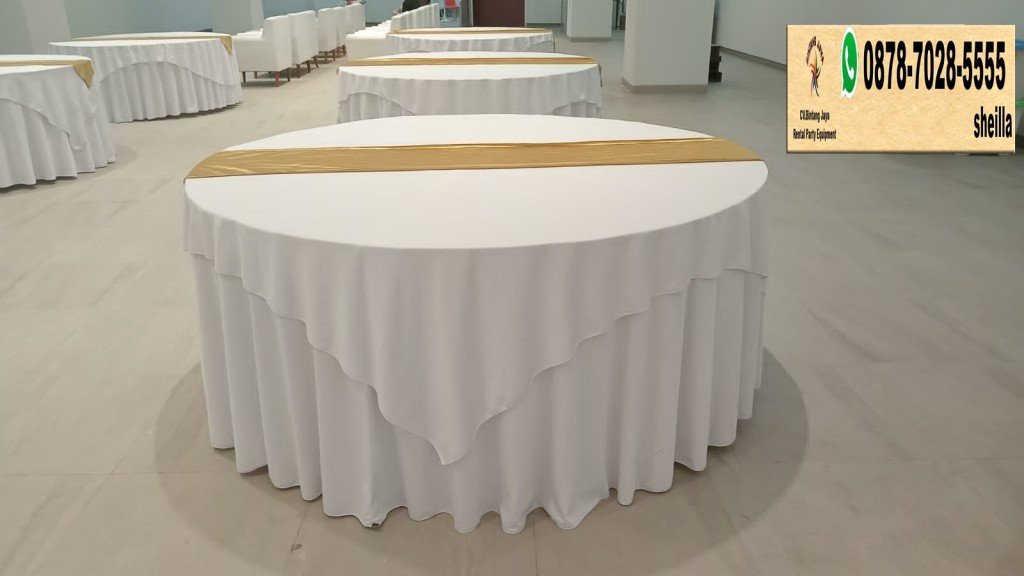 Pusat sewa round table cover putih mewah event hiburan Bekasi