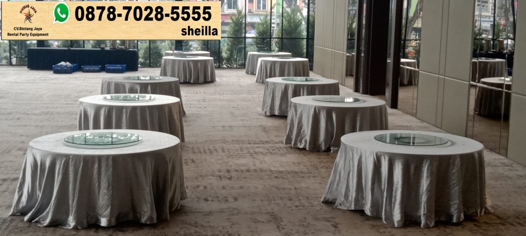 Pusat sewa round table cover putih mewah event hiburan Bekasi