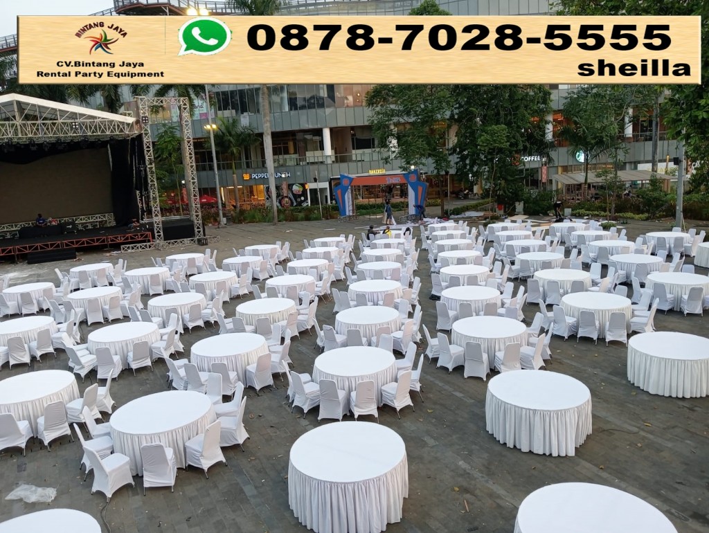 Pusat sewa round table cover putih mewah event hiburan Bekasi